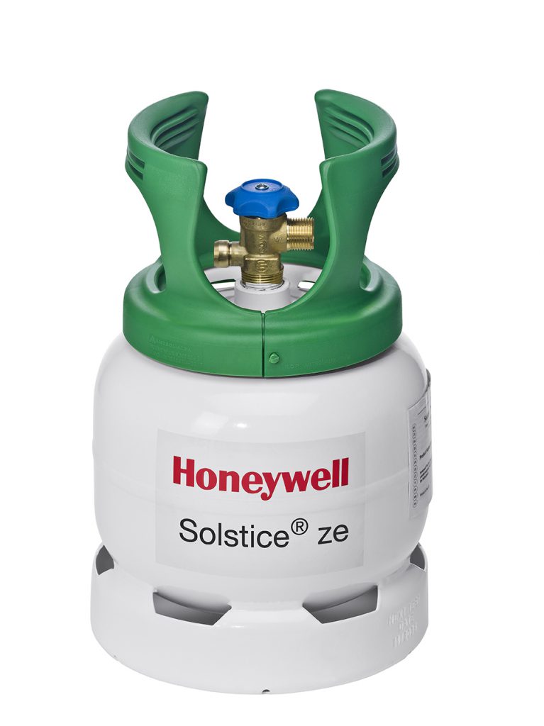 Gás refrigerante R-1234ze, substância de baixo impacto climático (GWP) desenvolvida pela Honeywell