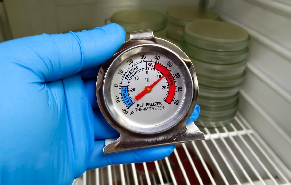Temperatura do expositor refrigerado sendo conferida com termômetro analógico dentro do equipamento.