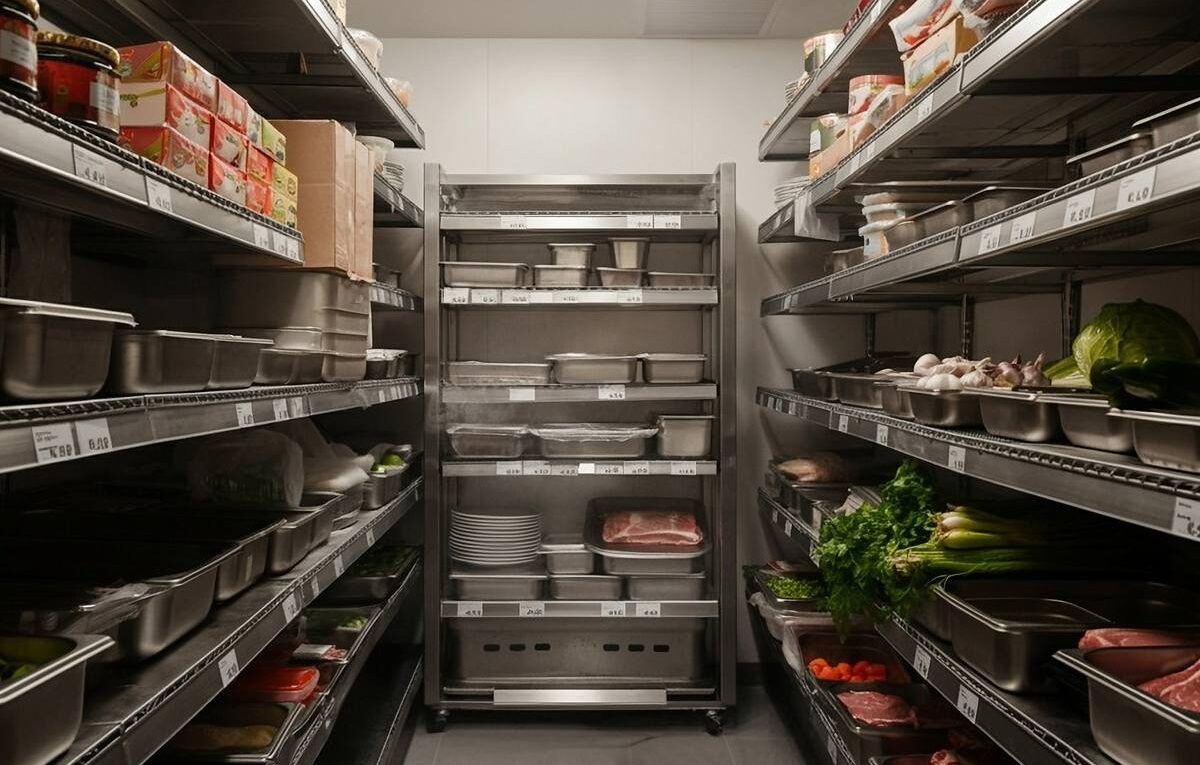 Interior de câmara fria de supermercado com prateleiras de carnes, vegetais e laticínios, ambiente que exige manutenção preventiva periódica