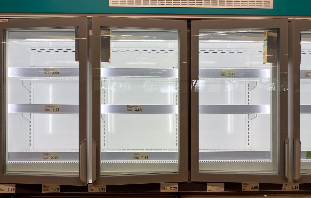 Expositores refrigerados comerciais vazios, com portas de vidro, usados para ilustrar orçamento de refrigeração comercial.