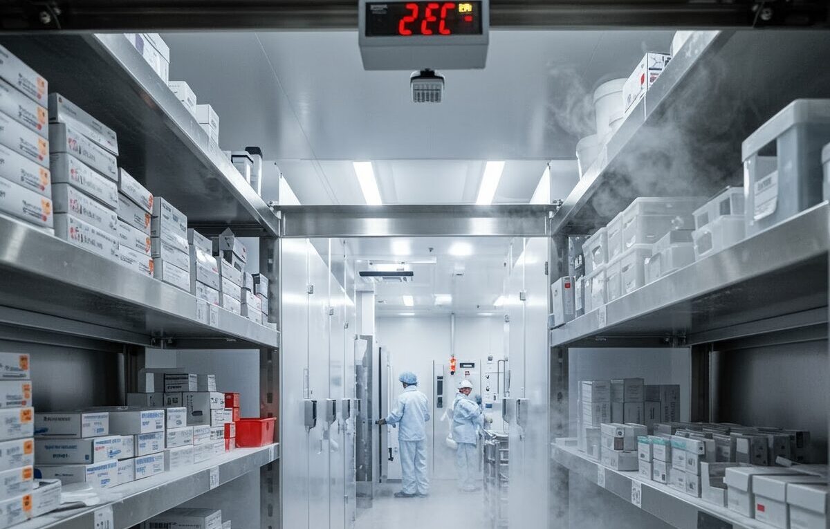 Profissionais em uma câmara fria para vacinas com indicador digital de temperatura marcando 2°C.